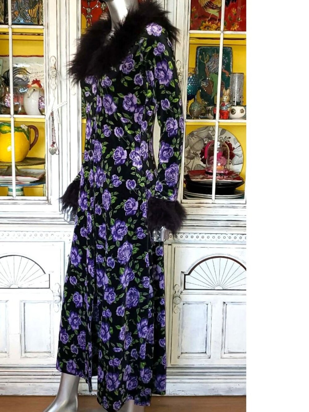Betsey Johnson Black Velvet Floral Faux Fur Duster Opera Coat Long Dress Jacket - Picture 10 of 16